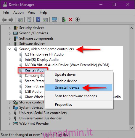 Windows 10 Disinstalla dispositivo audio