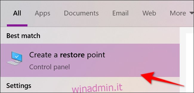 Windows 10 Crea punto di ripristino