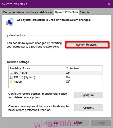 Windows 10 Avvia Ripristino configurazione di sistema