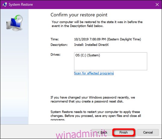 Windows 10 Conferma punto di ripristino