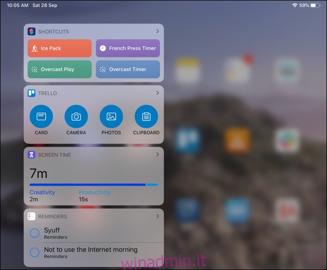 Widget mostrati sulla schermata Home di iPad Pro in visualizzazione verticale