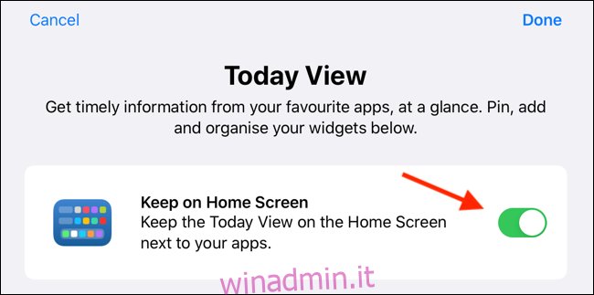 Tocca l'interruttore per abilitare i widget nella schermata Home