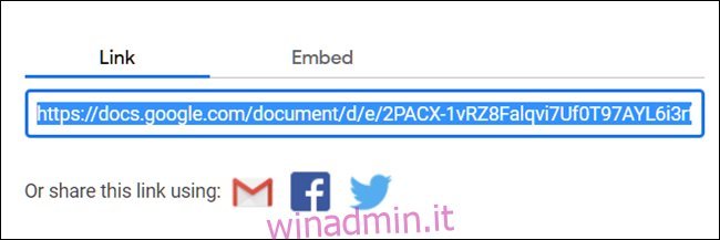 Un collegamento evidenziato e pronto per essere copiato in Google Drive.