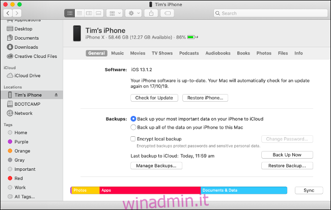Sincronizza i dispositivi iOS in macOS Catalina tramite Finder