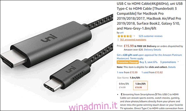 Un elenco di cavi da USB-C a HDMI su Amazon.