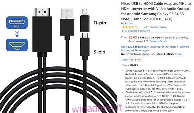 Un cavo HDMI MHL elencato su Amazon.