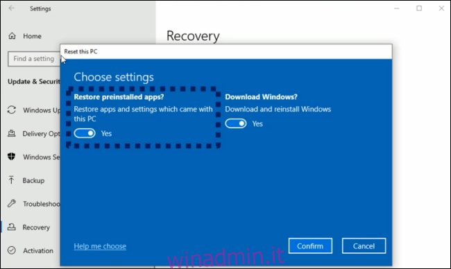Rimozione del bloatware del produttore preinstallato durante il ripristino di un PC su Windows 10.