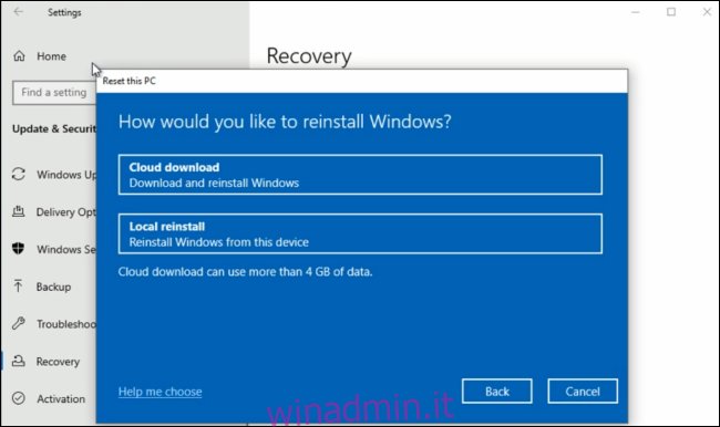 L'opzione Download dal cloud nell'interfaccia Reimposta questo PC di Windows 10.