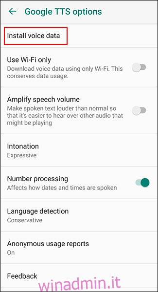 Tocca Installa dati vocali nel menu delle opzioni di sintesi vocale di Google
