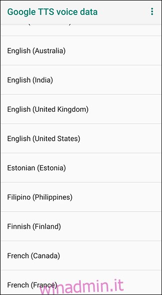 Nel menu dei dati vocali di Google TTS, tocca la lingua scelta