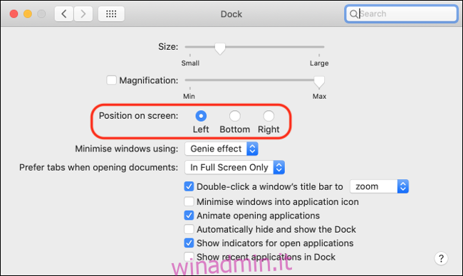 Allineamento e preferenze del dock di macOS