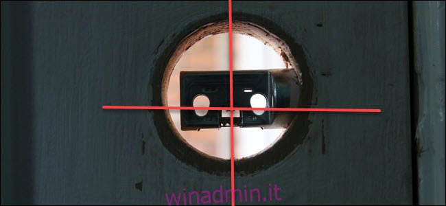Una cavità della serratura con un bullone in essa e linee che attraversano il centro verticale e orizzontale.