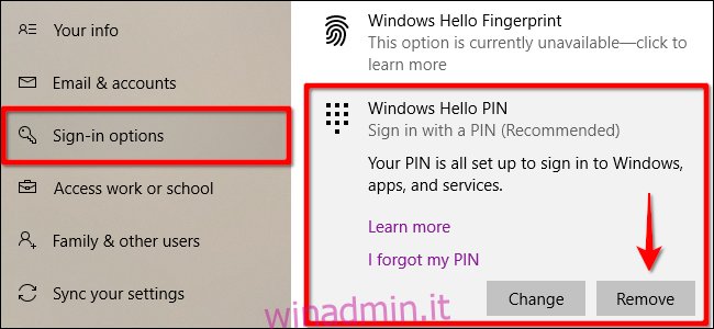 Rimuovi il PIN di Windows Hello