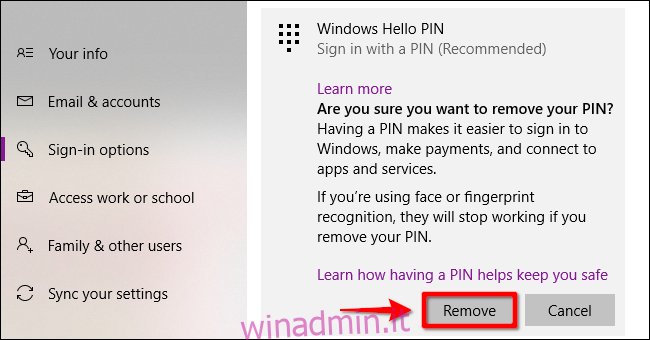 Rimuovi il PIN di Windows Hello Passaggio 2