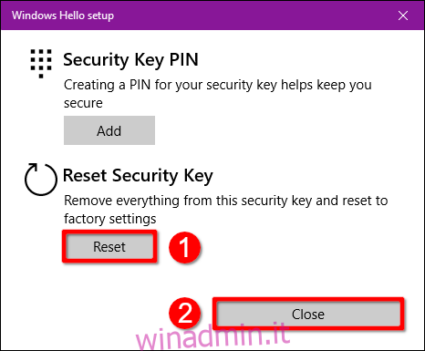Chiave di sicurezza Reimposta Windows 10