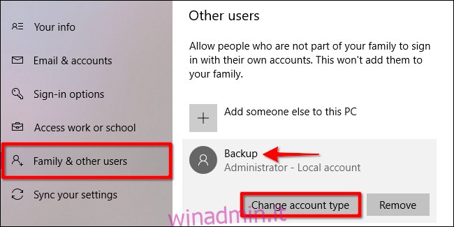 Windows 10 Cambia tipo di account