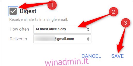 Vuoi ricevere tutti i tuoi avvisi raggruppati in un'unica email?  Fare clic sulla casella di controllo accanto a 