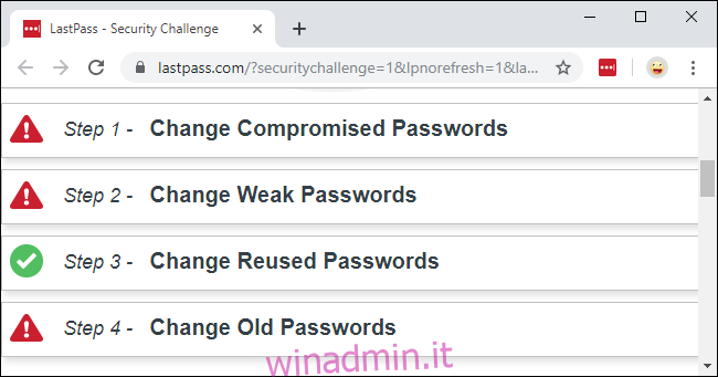 LastPass Security Challenge che mostra password compromesse, deboli, riutilizzate e vecchie.