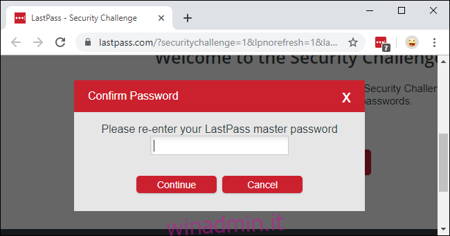 Inserendo la tua password principale LastPass per avviare la sfida di sicurezza.