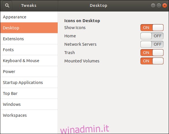 Le impostazioni del desktop nella finestra dell'applicazione in Ubuntu 18.04