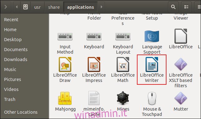 Finestra dei file che mostra l'icona di LibreOffice Writer