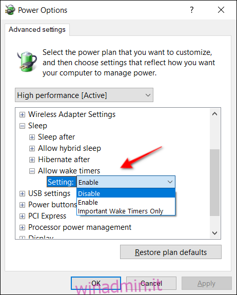 Opzioni risparmio energia Wake Timer Desktop