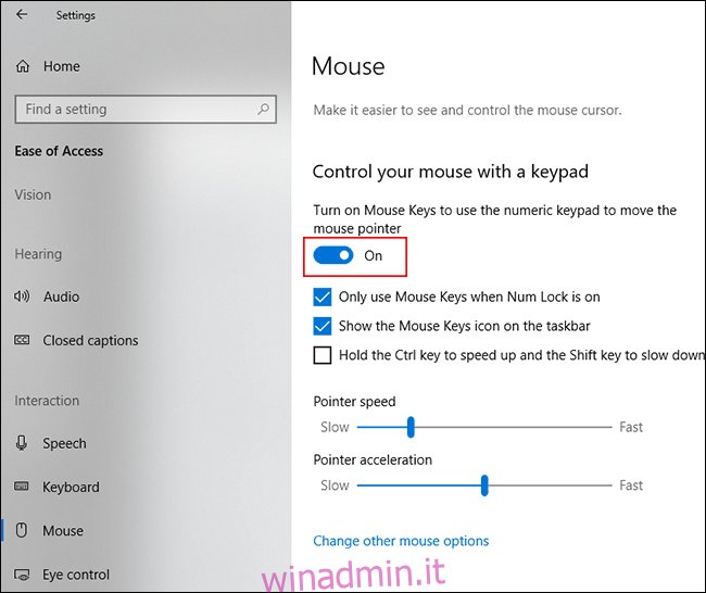 Nella sezione Mouse del menu Accessibilità di Windows, fare clic sul dispositivo di scorrimento per abilitare i tasti del mouse