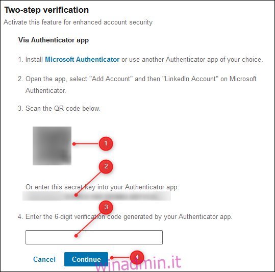 Istruzioni di LinkedIn per l'aggiunta dell'account a un'app di autenticazione.