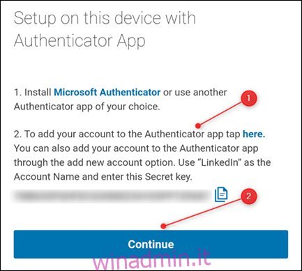Istruzioni di LinkedIn per l'aggiunta dell'account a un'app di autenticazione.