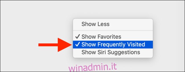 Deseleziona l'opzione Mostra siti visitati di frequente su Mac
