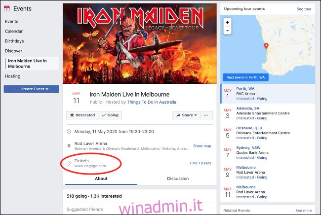 Pagina dell'evento falsa su Facebook con link per rivenditori di biglietti