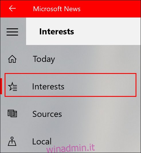 Per aggiungere o rimuovere interessi nell'app Microsoft News, fai clic sulla scheda Interessi