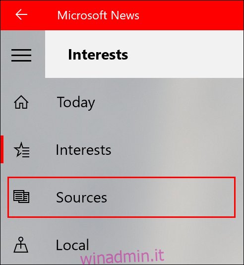 Per aggiungere fonti di notizie a Microsoft News, fai clic sulla scheda Fonti nel menu a sinistra
