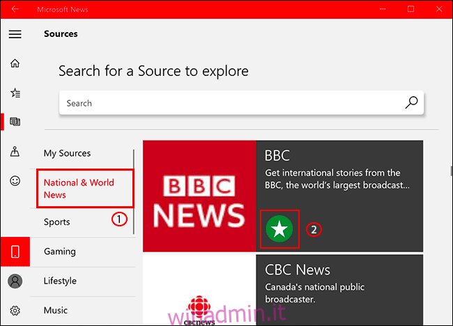 Per aggiungere o rimuovere una fonte di notizie in Microsoft News, fare clic sulla scheda Fonti, quindi selezionare la fonte di notizie, facendo clic sull'icona a stella per aggiungerla / rimuoverla