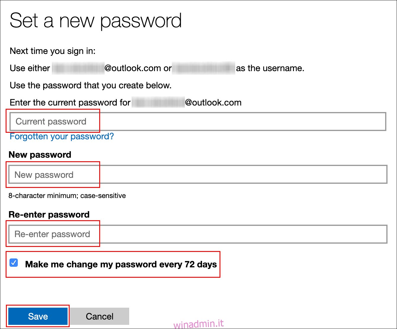 Digita la tua password attuale, digita una nuova password, fai clic sulla casella di controllo accanto a 