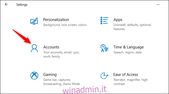 Apertura degli account nell'app Impostazioni di Windows 10.