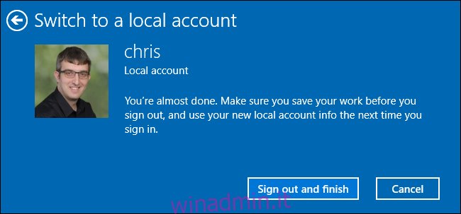 Disconnessione per convertire un account Microsoft in un account locale su Windows 10.