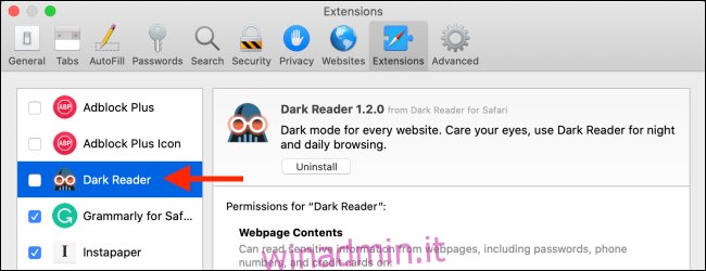 Fare clic su Dark Reader per abilitare l'estensione