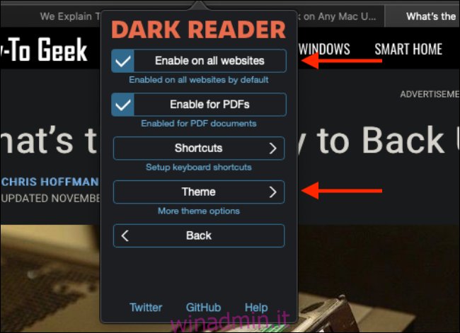 Impostazioni per Dark Reader in Safari