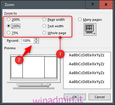 Opzioni di zoom nella finestra di dialogo dello zoom