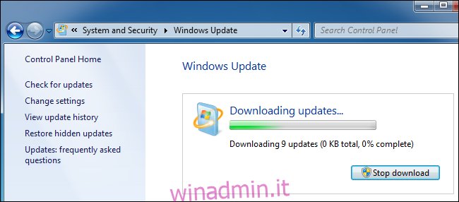 Download degli aggiornamenti da Windows Update su Windows 7.