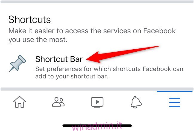 App Facebook di Apple iPhone Seleziona l'opzione Barra dei collegamenti