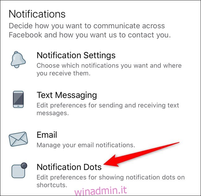 App Facebook di Apple iPhone Seleziona Punti di notifica