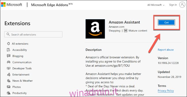 Fai clic su Ottieni per installare un'estensione di Microsoft Edge da Microsoft Store