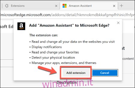 Fare clic su Aggiungi estensione per consentire l'installazione di un'estensione in Microsoft Edge