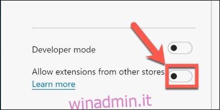 Fai clic su Consenti estensioni da altri negozi nella pagina delle estensioni di Microsoft Edge per consentire l'installazione delle estensioni di Chrome