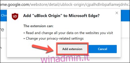 Fai clic su Aggiungi estensione per aggiungere un'estensione di Chrome in Edge