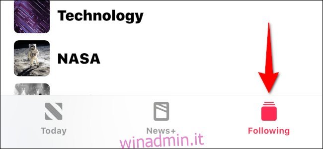 La scheda Seguenti nell'app Notizie su un iPhone