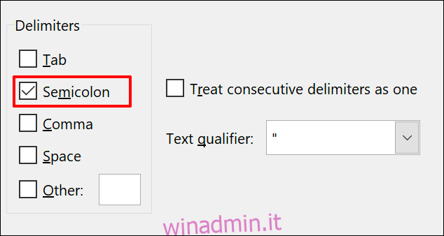 Opzioni delimitatore da testo a colonna in Microsoft Excel, con il punto e virgola selezionato