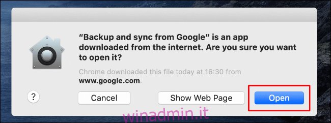 Fai clic su Apri per consentire l'avvio di Backup e sincronizzazione da Google Drive sul tuo Mac